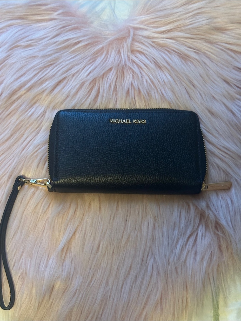 Michael Kors Black Pebbled Leather Zip Wristlet with Gold Hardware